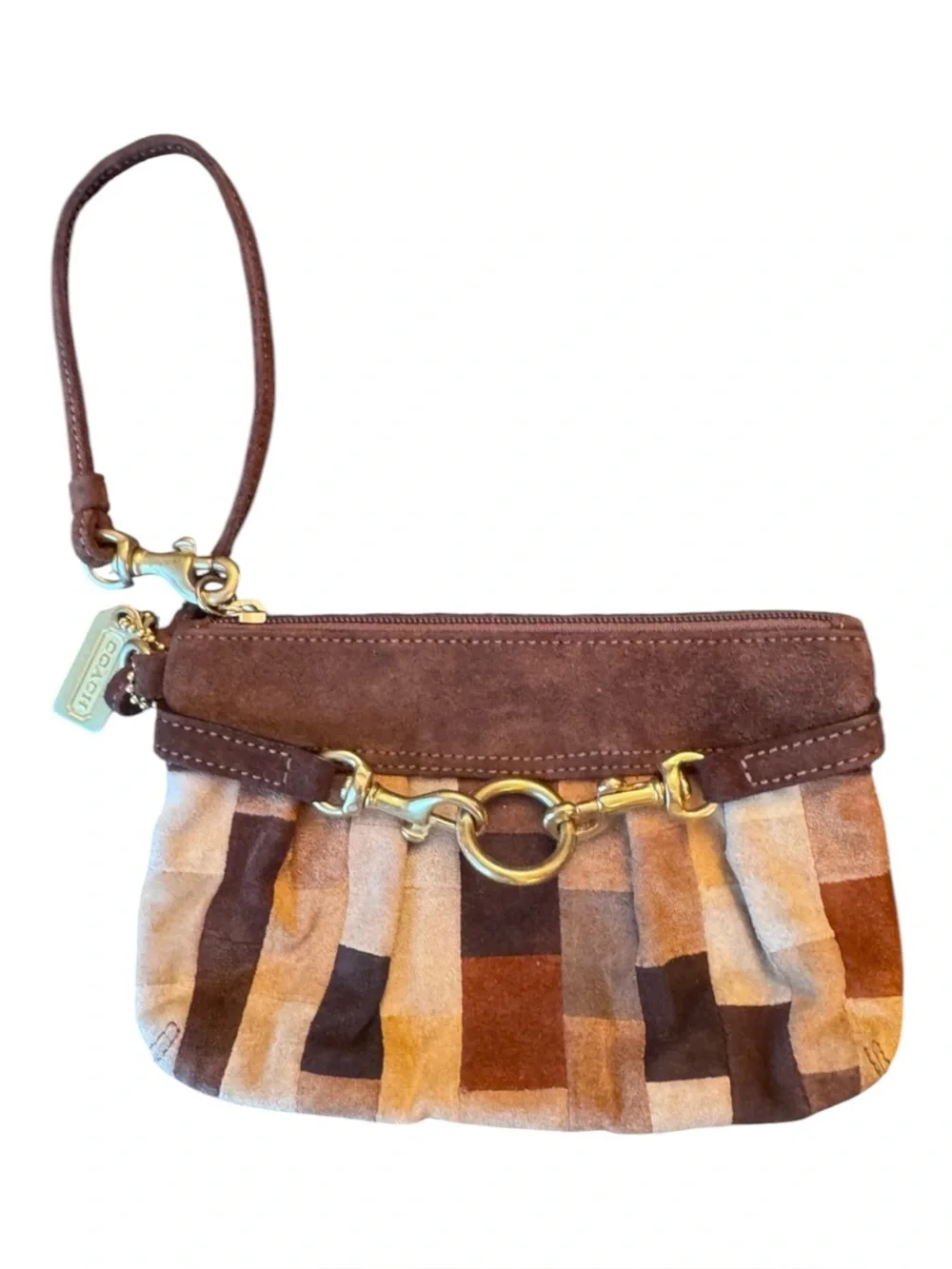 vintage Coach Hamptons Mosaic patchwork suede wristlet brown brass